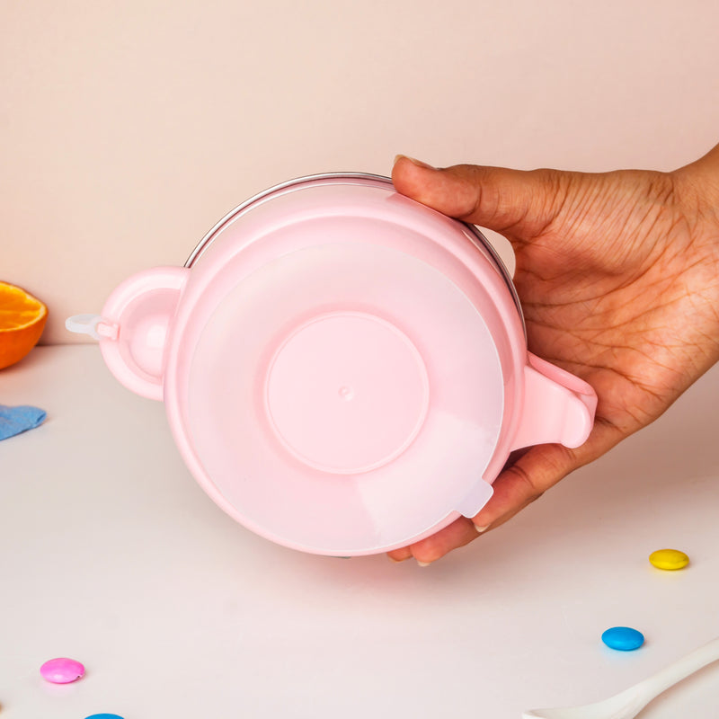 Steel Food Bowl With Heating Water Chamber Pink 400 ml - Kids Lunch Box