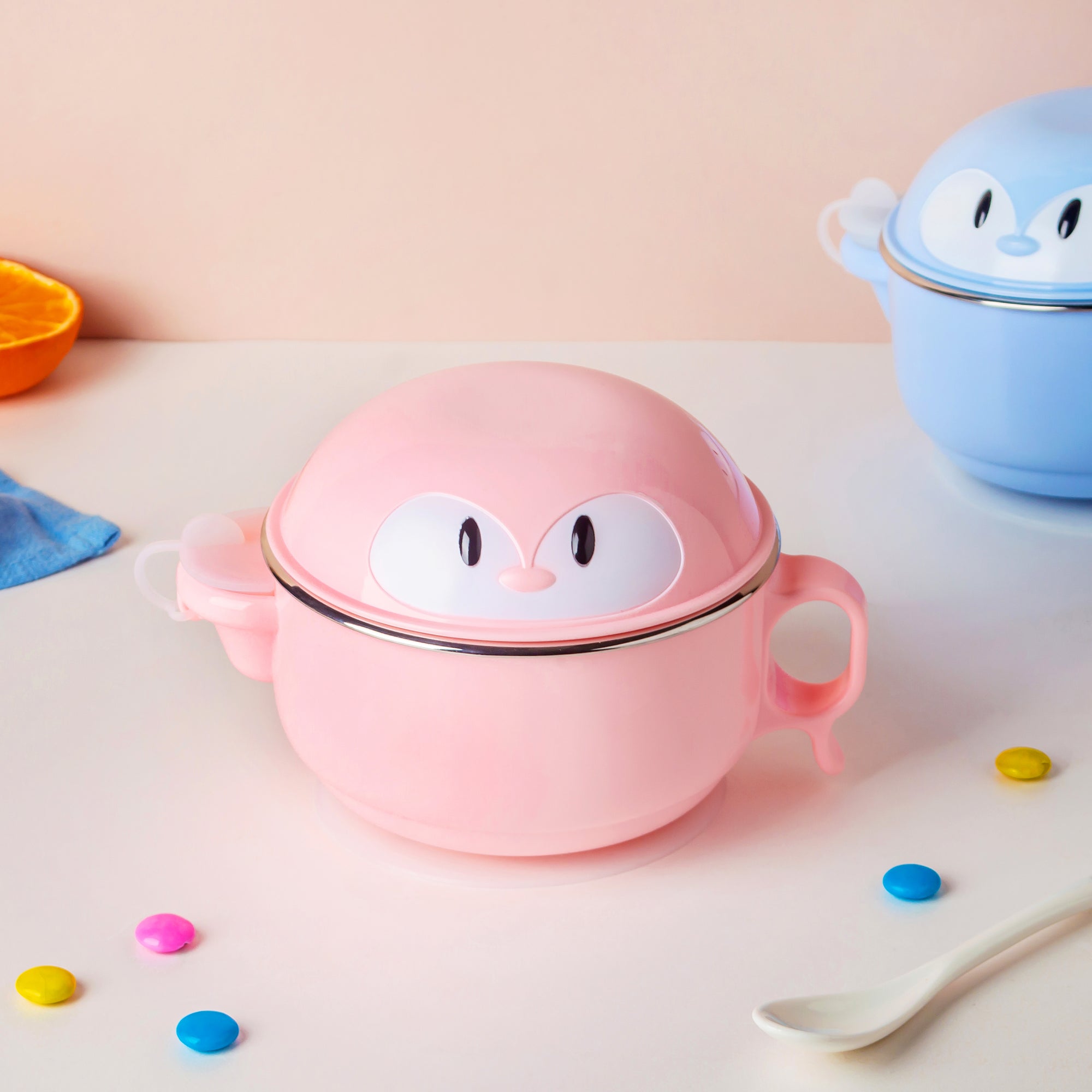 Steel Food Bowl With Heating Water Chamber Pink 400 ml