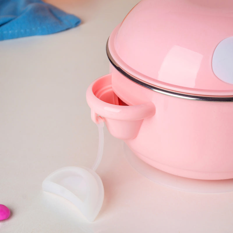 Steel Food Bowl With Heating Water Chamber Pink 400 ml - Kids Lunch Box