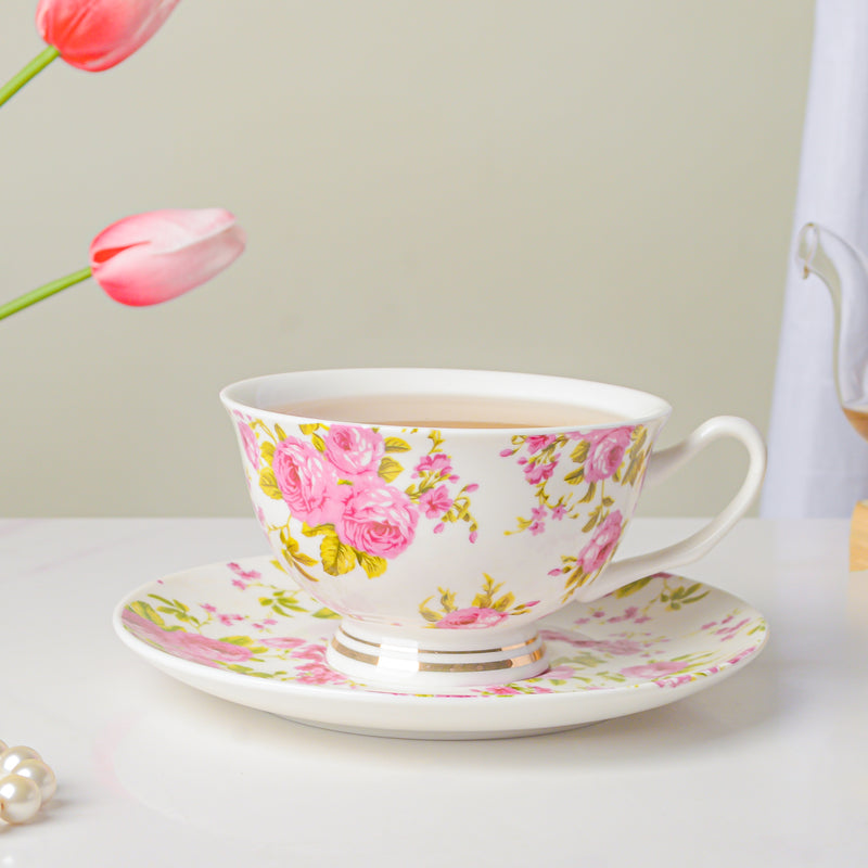 Pink Rose Ceramic Cup And Saucer Set 150 ml- Tea cup, coffee cup, cup for tea | Cups and Mugs for Office Table & Home Decoration