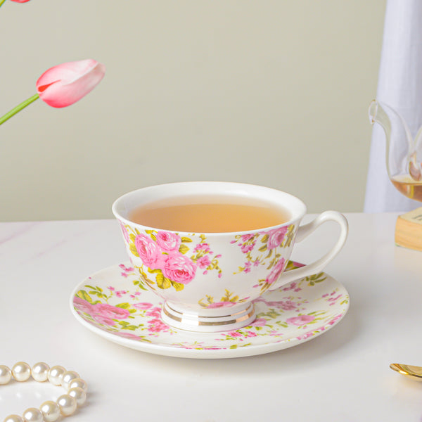Pink Rose Ceramic Cup And Saucer Set 150 ml- Tea cup, coffee cup, cup for tea | Cups and Mugs for Office Table & Home Decoration