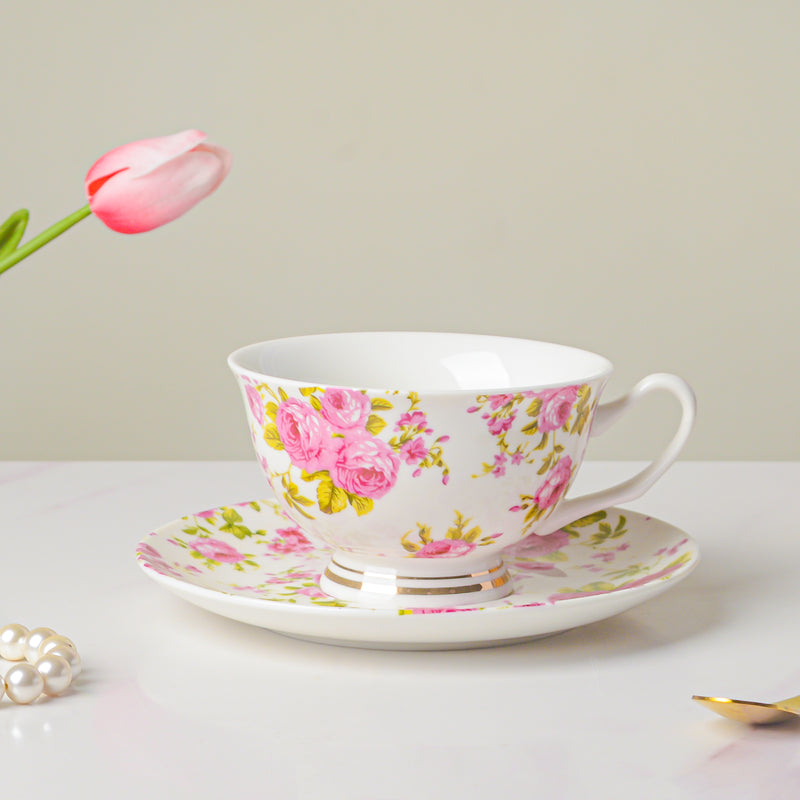 Pink Rose Ceramic Cup And Saucer Set 150 ml- Tea cup, coffee cup, cup for tea | Cups and Mugs for Office Table & Home Decoration
