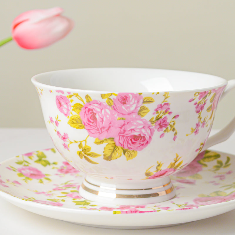 Pink Rose Ceramic Cup And Saucer Set 150 ml- Tea cup, coffee cup, cup for tea | Cups and Mugs for Office Table & Home Decoration