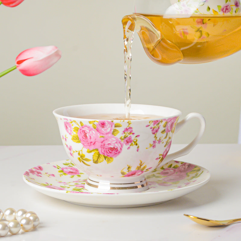 Pink Rose Ceramic Cup And Saucer Set 150 ml- Tea cup, coffee cup, cup for tea | Cups and Mugs for Office Table & Home Decoration