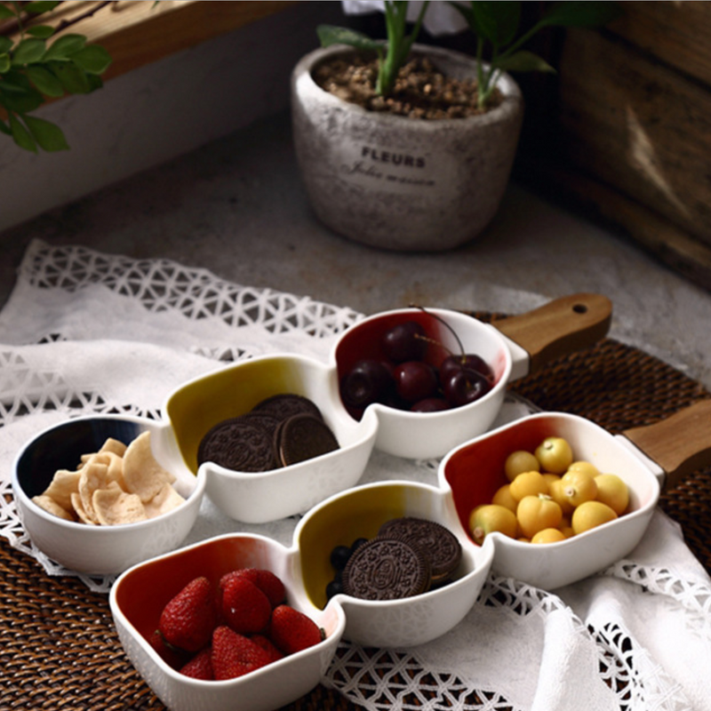 MERRY 3 part snack bowl with wooden handle - blue, yellow & red - Ceramic bowls, snack serving bowls, section bowls, bowl with handle | Bowls for dining table & home decor