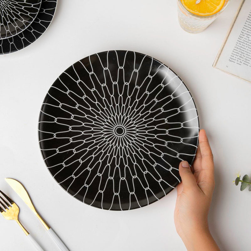 Trellis Gloss Ceramic Dinner Plate Black 10 Inch - Serving plate, snack plate, ceramic dinner plates| Plates for dining table & home decor