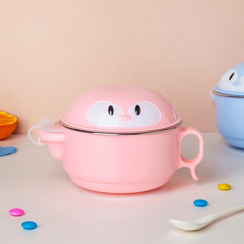 Steel Food Bowl With Heating Water Chamber Pink 400 ml - Kids Lunch Box