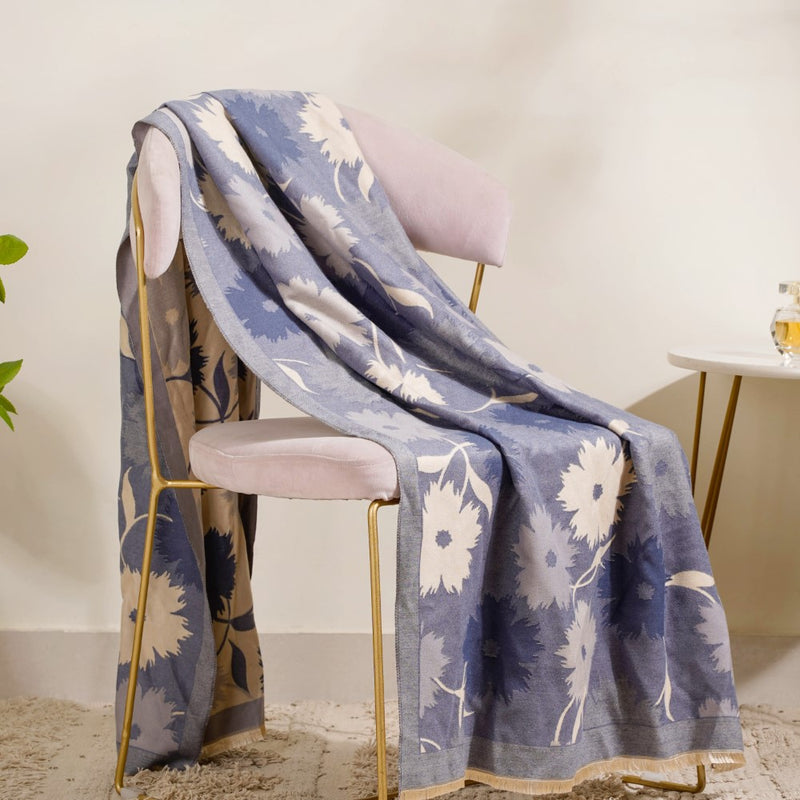 Floral Printed Woolen Scarf Blue