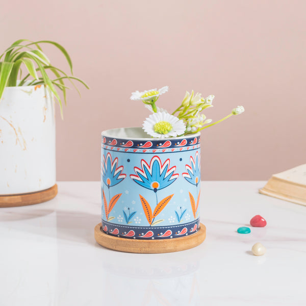 Cerulean Bloom Botanical Planter With Wooden Coaster - Indoor planters and flower pots | Home decor items