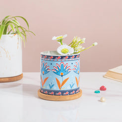 Cerulean Bloom Botanical Planter With Wooden Coaster - Indoor planters and flower pots | Home decor items