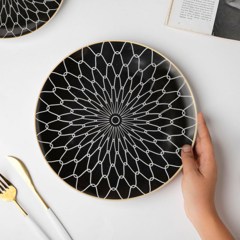 Trellis Gloss Ceramic Dinner Plate Black White Rim 10 Inch - Serving plate, snack plate, ceramic dinner plates| Plates for dining table & home decor