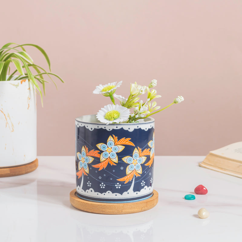 Floral Fantasy Ceramic Planter With Coaster Set Of 4 - Planter with Coaster, Decorative Ceramic Planter, Set of 4 Planters for Home Decor