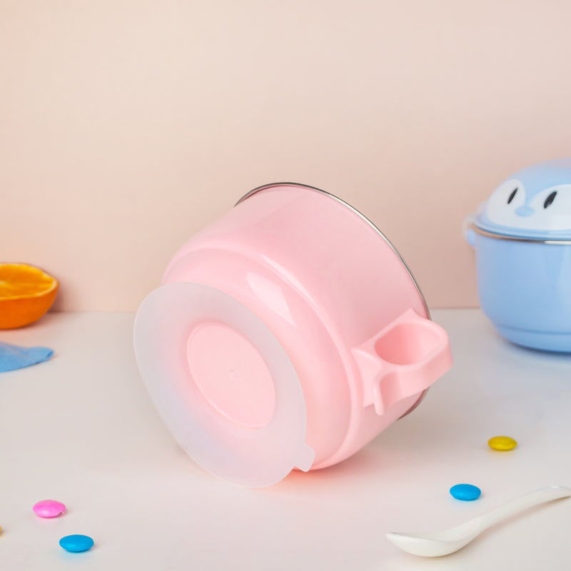 Steel Food Bowl With Heating Water Chamber Pink 400 ml - Kids Lunch Box