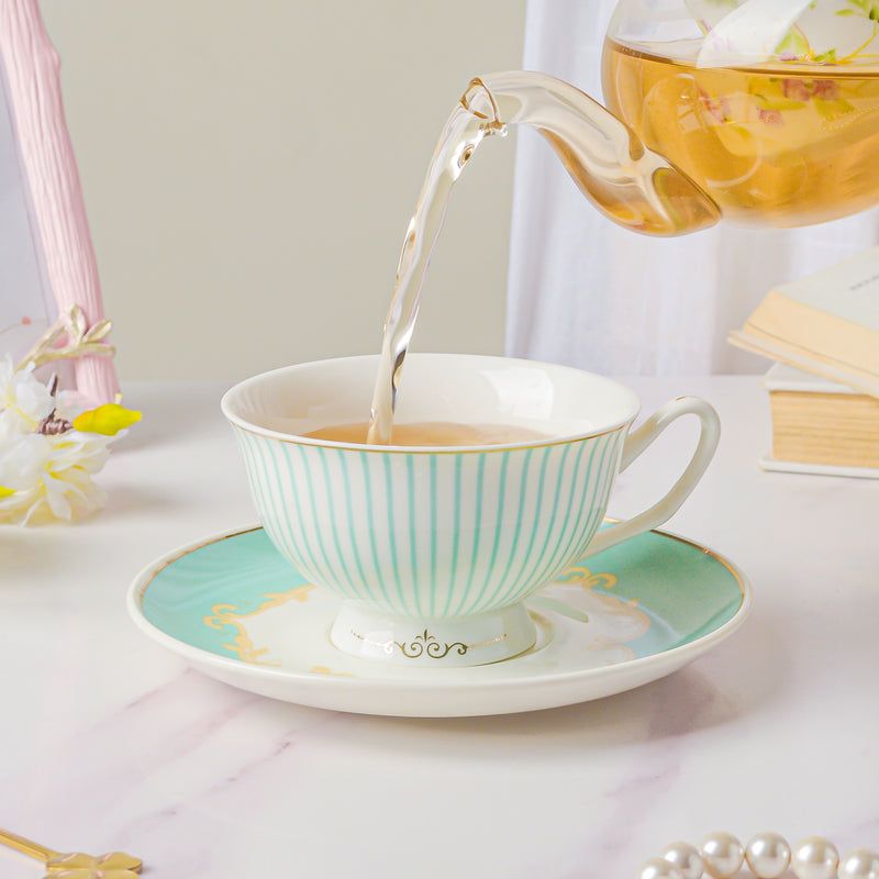 Lined English Teacup And Saucer Set Turquoise 150 ml- Tea cup, coffee cup, cup for tea | Cups and Mugs for Office Table & Home Decoration