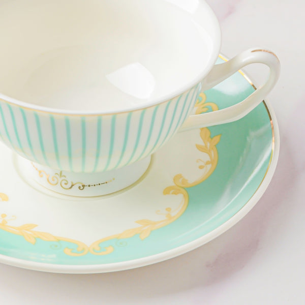 Lined English Teacup And Saucer Set Turquoise 150 ml