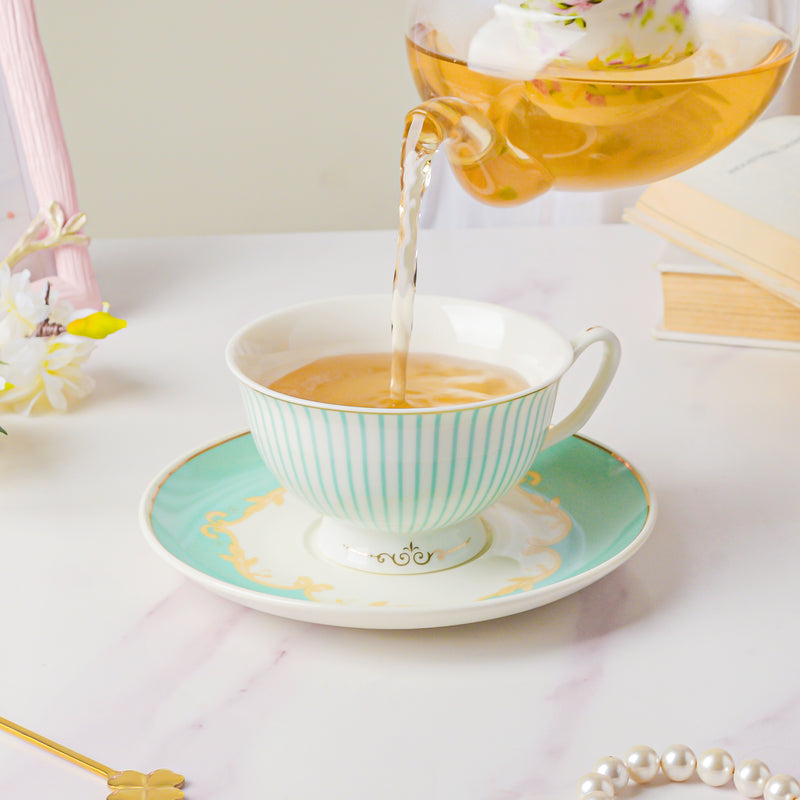 Lined English Teacup And Saucer Set Turquoise 150 ml- Tea cup, coffee cup, cup for tea | Cups and Mugs for Office Table & Home Decoration