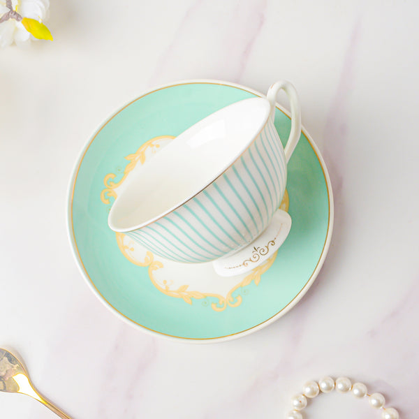 Lined English Teacup And Saucer Set Turquoise 150 ml