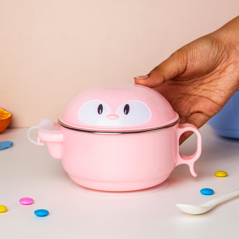 Steel Food Bowl With Heating Water Chamber Pink 400 ml - Kids Lunch Box