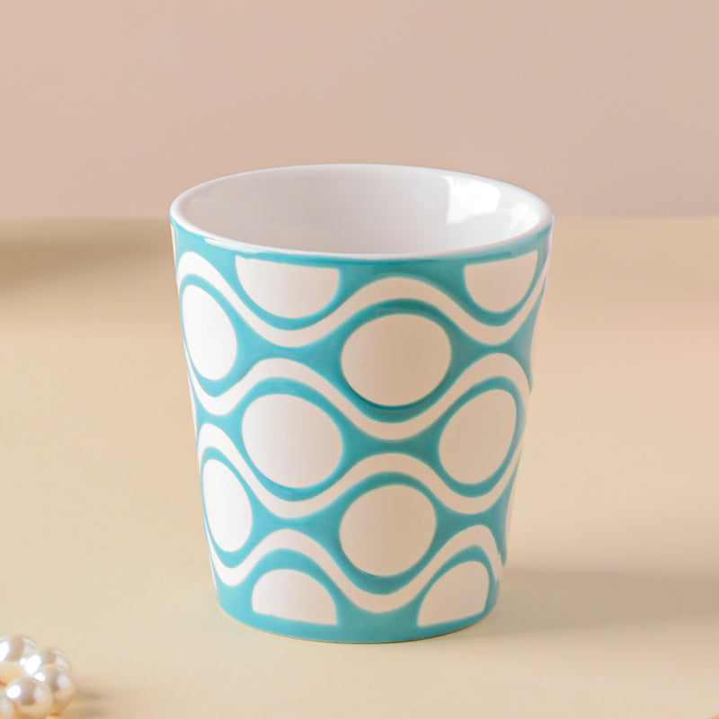Riona Patterned Tumbler White Blue - Ceramic cup, microwave safe cup, printed cup, juice cup, hot chocolate cup