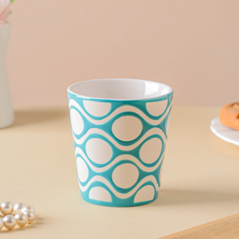 Riona Patterned Tumbler White Blue - Ceramic cup, microwave safe cup, printed cup, juice cup, hot chocolate cup