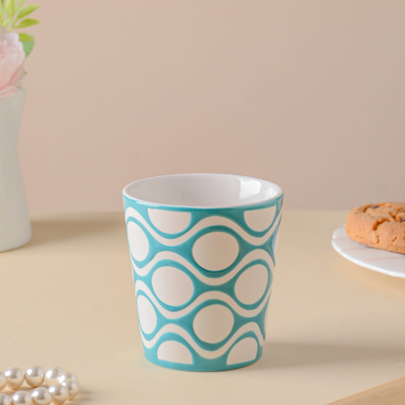 Riona Patterned Tumbler White Blue - Ceramic cup, microwave safe cup, printed cup, juice cup, hot chocolate cup