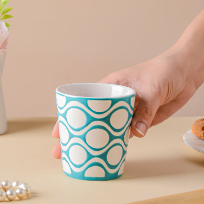 Riona Patterned Tumbler White Blue - Ceramic cup, microwave safe cup, printed cup, juice cup, hot chocolate cup