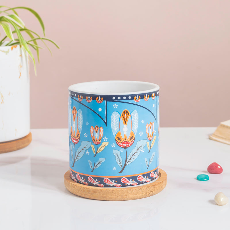 Cerulean Leaf Bloom Planter With Wooden Coaster - Indoor planters and flower pots | Home decor items