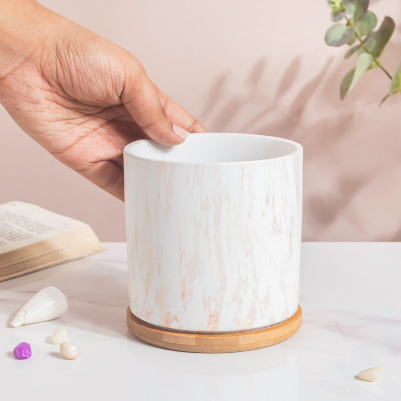 Carrara White And Brown Ceramic Planter With Wooden Coaster - Indoor planters and flower pots | Home decor items