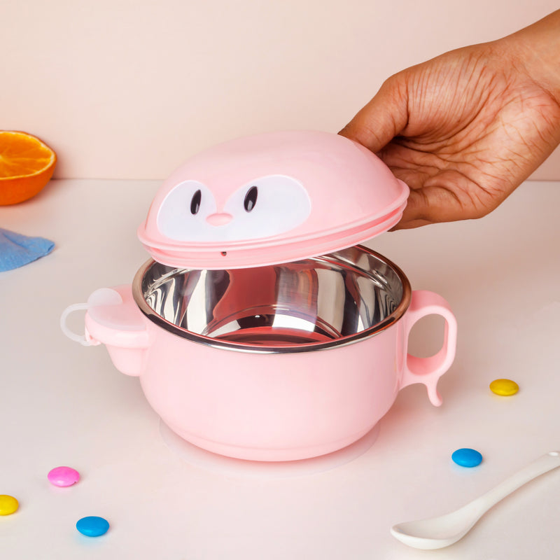 Steel Food Bowl With Heating Water Chamber Pink 400 ml - Kids Lunch Box