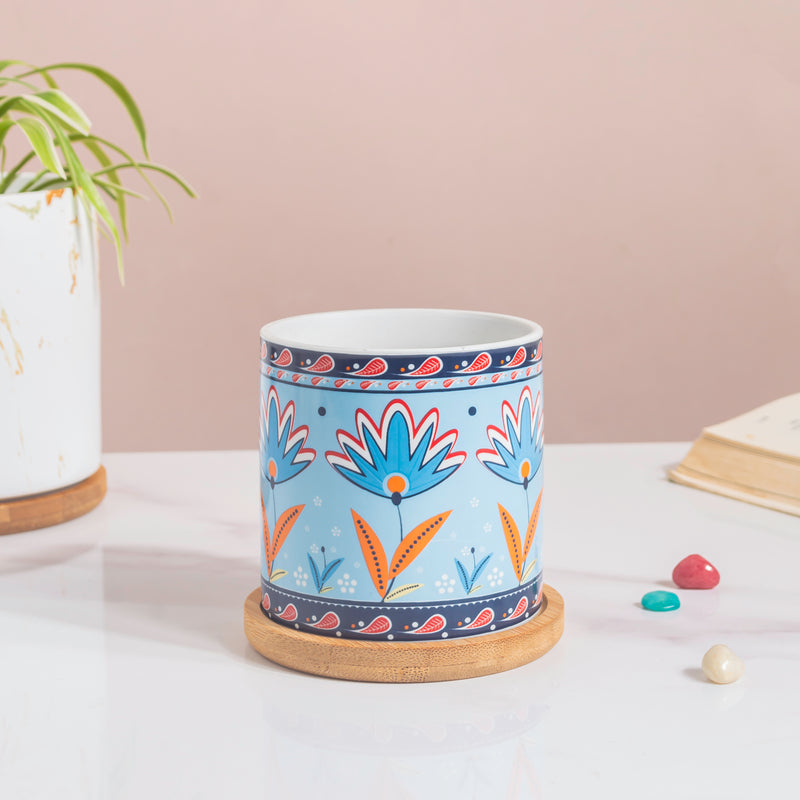 Cerulean Bloom Botanical Planter With Wooden Coaster - Indoor planters and flower pots | Home decor items