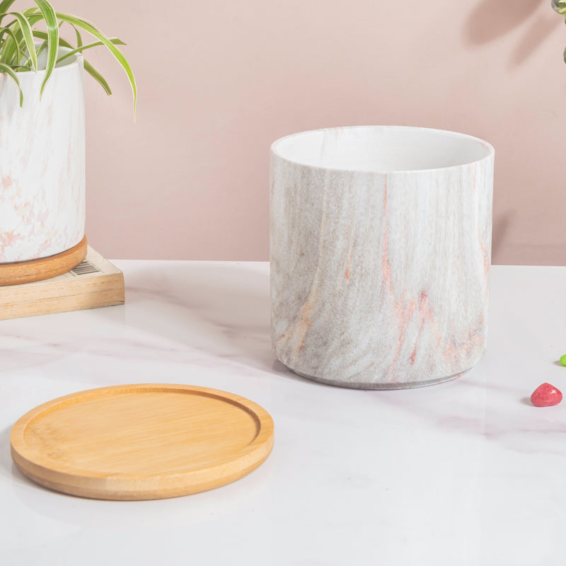 Carrara Ceramic Gold Detailed Planter With Wooden Coaster - Indoor planters and flower pots | Home decor items
