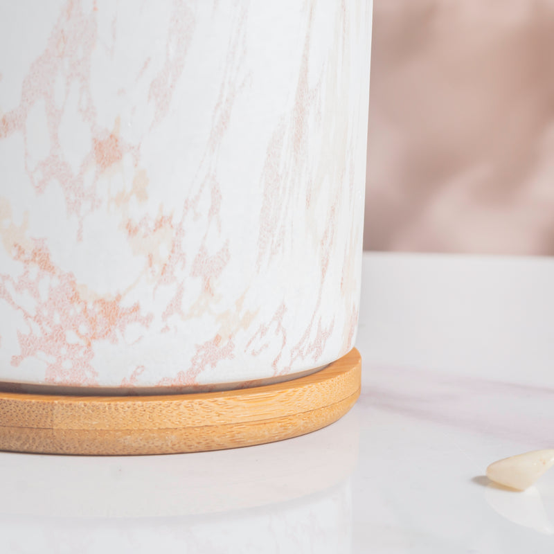 Carrara White And Brown Ceramic Planter With Wooden Coaster - Indoor planters and flower pots | Home decor items