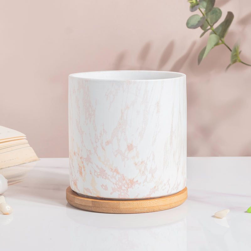 Carrara White And Brown Ceramic Planter With Wooden Coaster - Indoor planters and flower pots | Home decor items