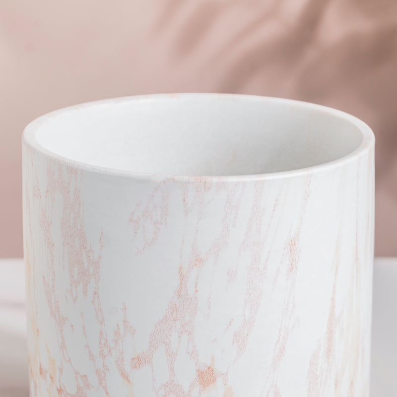 Carrara White And Brown Ceramic Planter With Wooden Coaster - Indoor planters and flower pots | Home decor items