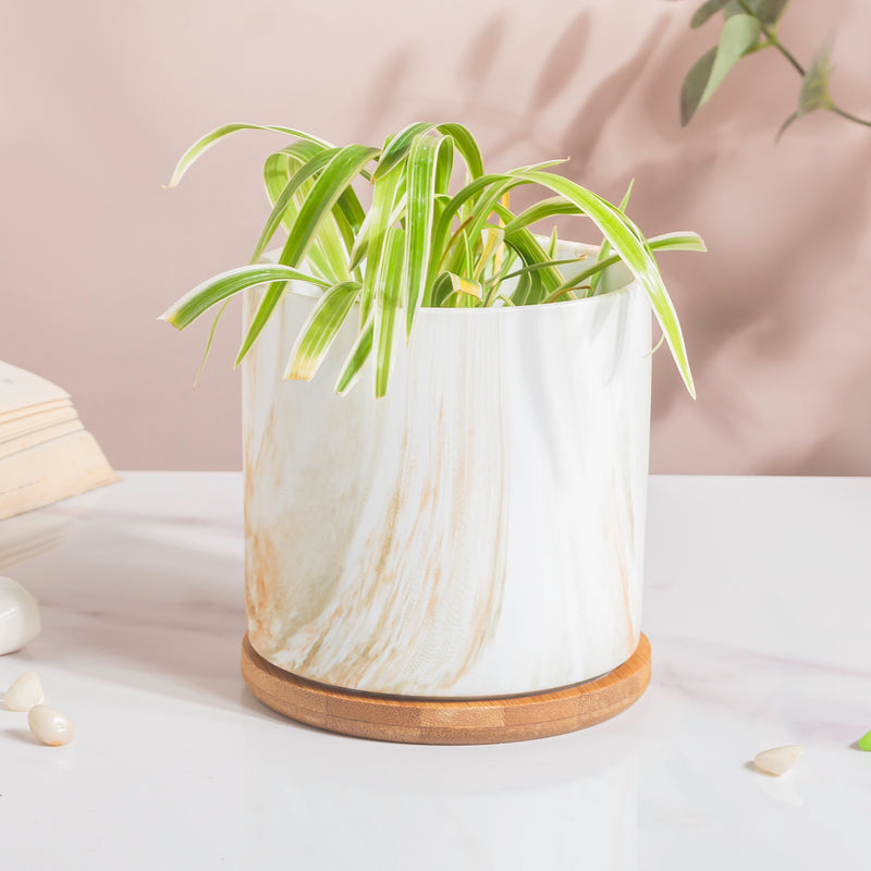 Carrara Brown Splash White Planter With Wooden Coaster - Indoor planters and flower pots | Home decor items