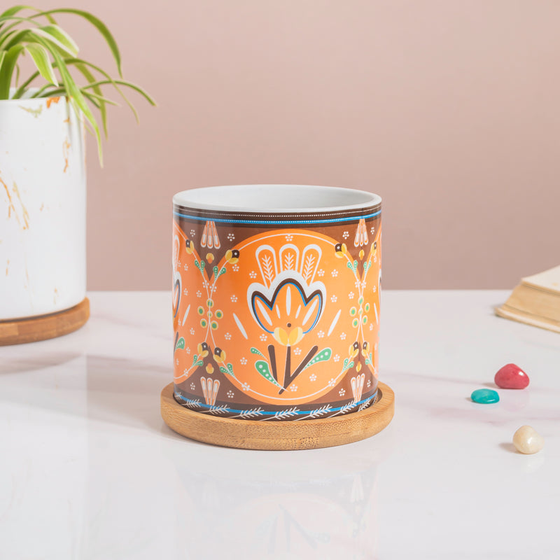 Floral Fantasy Ceramic Planter With Coaster Set Of 4 - Planter with Coaster, Decorative Ceramic Planter, Set of 4 Planters for Home Decor