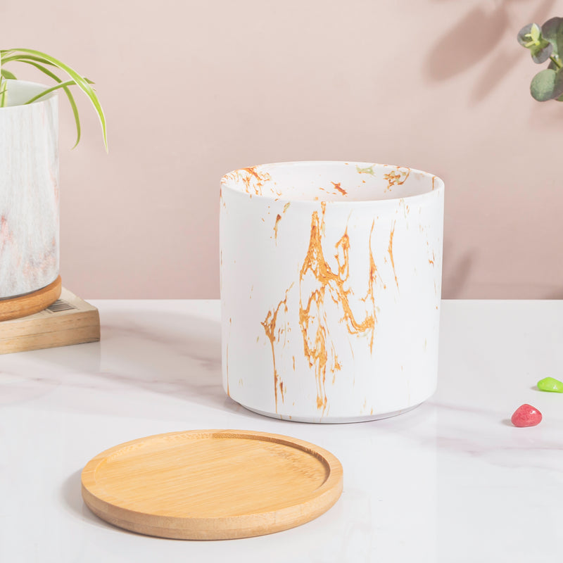 Carrara Brown Streak White Ceramic Planter With Wooden Coaster - Indoor planters and flower pots | Home decor items