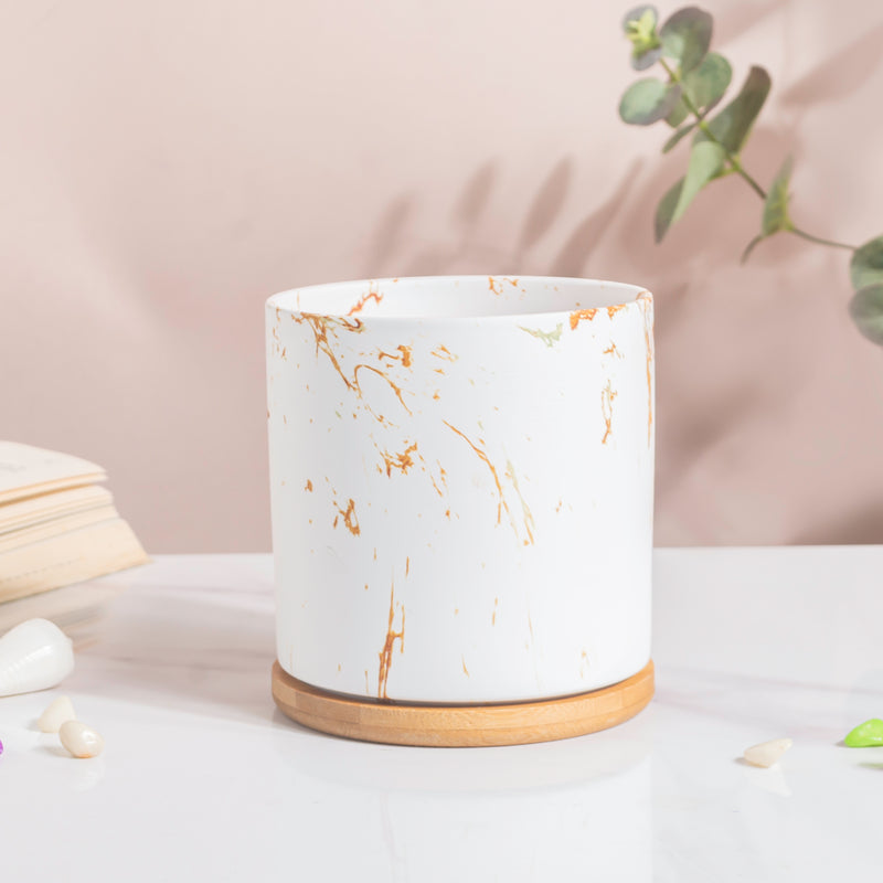 Carrara Brown Streak White Ceramic Planter With Wooden Coaster - Indoor planters and flower pots | Home decor items