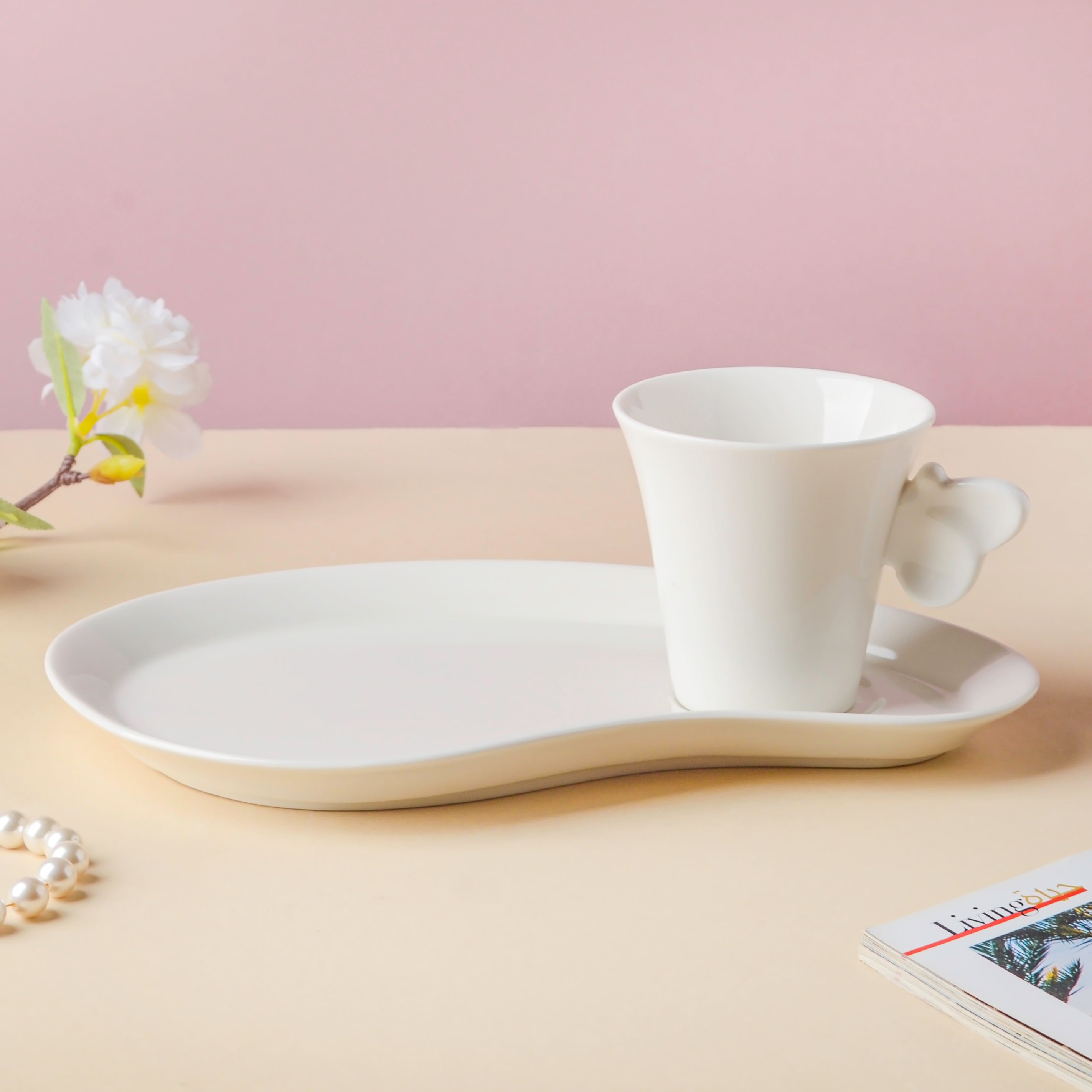 Riona Butterfly Snack Plate and Cup Set White