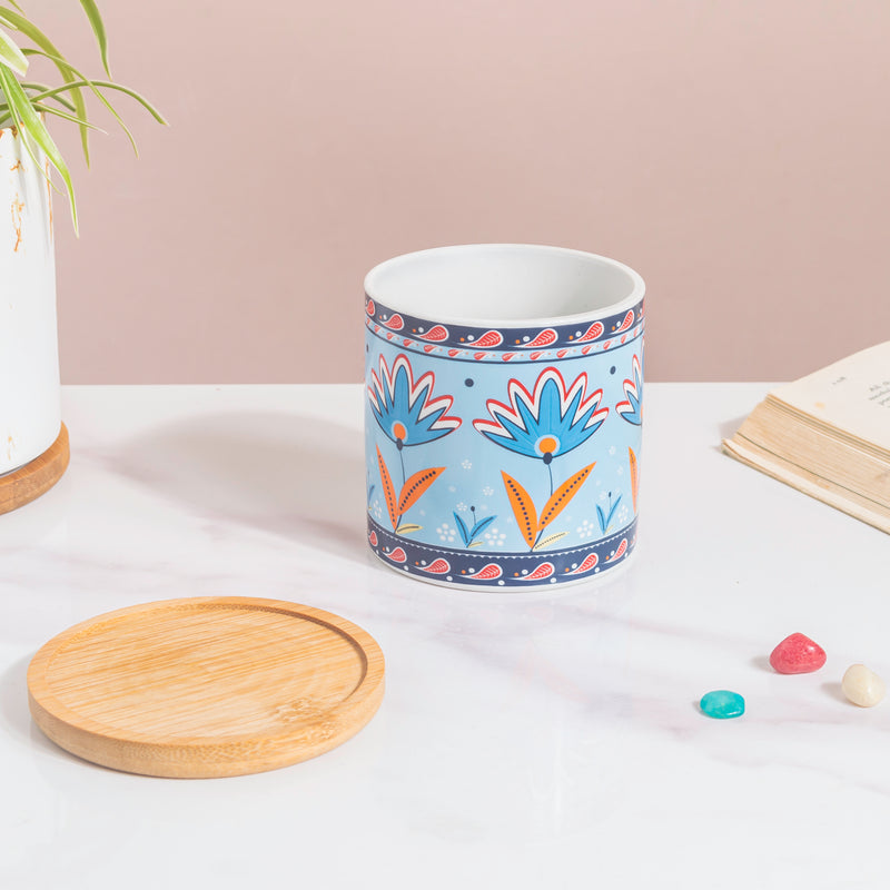 Cerulean Bloom Botanical Planter With Wooden Coaster - Indoor planters and flower pots | Home decor items
