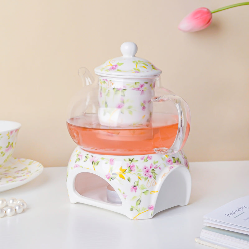 Daffodil Yellow And Pink Glass Teapot With Warmer Base 700 ml - Teapot, teapot with warmer | Teapot for Dining table & Home decor