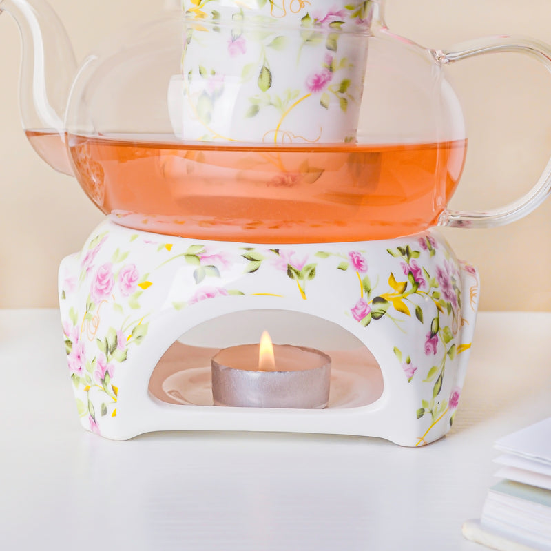 Daffodil Yellow And Pink Glass Teapot With Warmer Base 700 ml - Teapot, teapot with warmer | Teapot for Dining table & Home decor