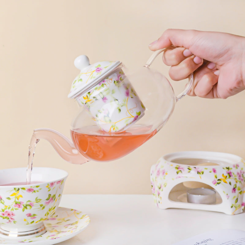 Daffodil Yellow And Pink Glass Teapot With Warmer Base 700 ml - Teapot, teapot with warmer | Teapot for Dining table & Home decor