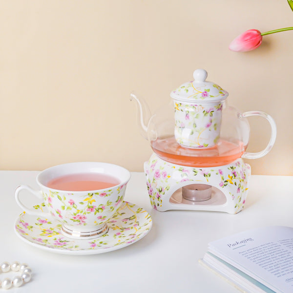 Daffodil Yellow And Pink Glass Teapot With Warmer Base 700 ml