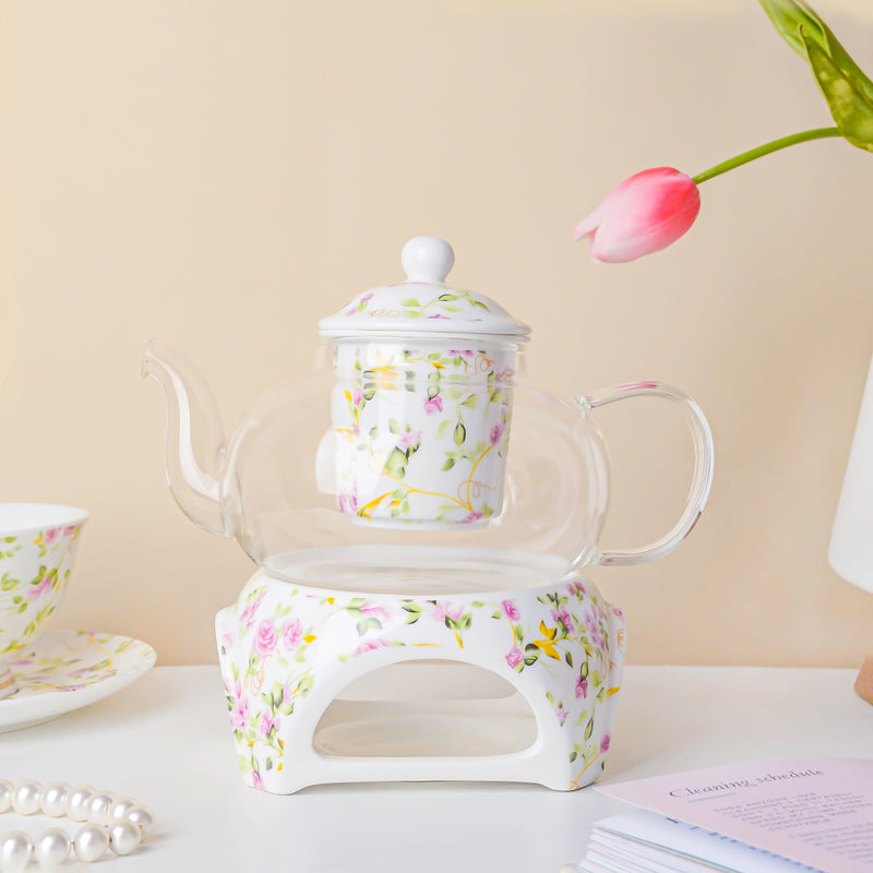 Daffodil Yellow And Pink Glass Teapot With Warmer Base 700 ml - Teapot, teapot with warmer | Teapot for Dining table & Home decor