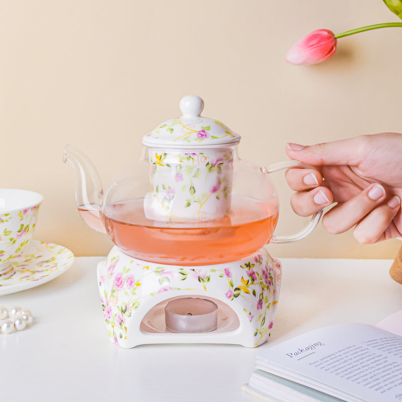 Daffodil Yellow And Pink Glass Teapot With Warmer Base 700 ml - Teapot, teapot with warmer | Teapot for Dining table & Home decor