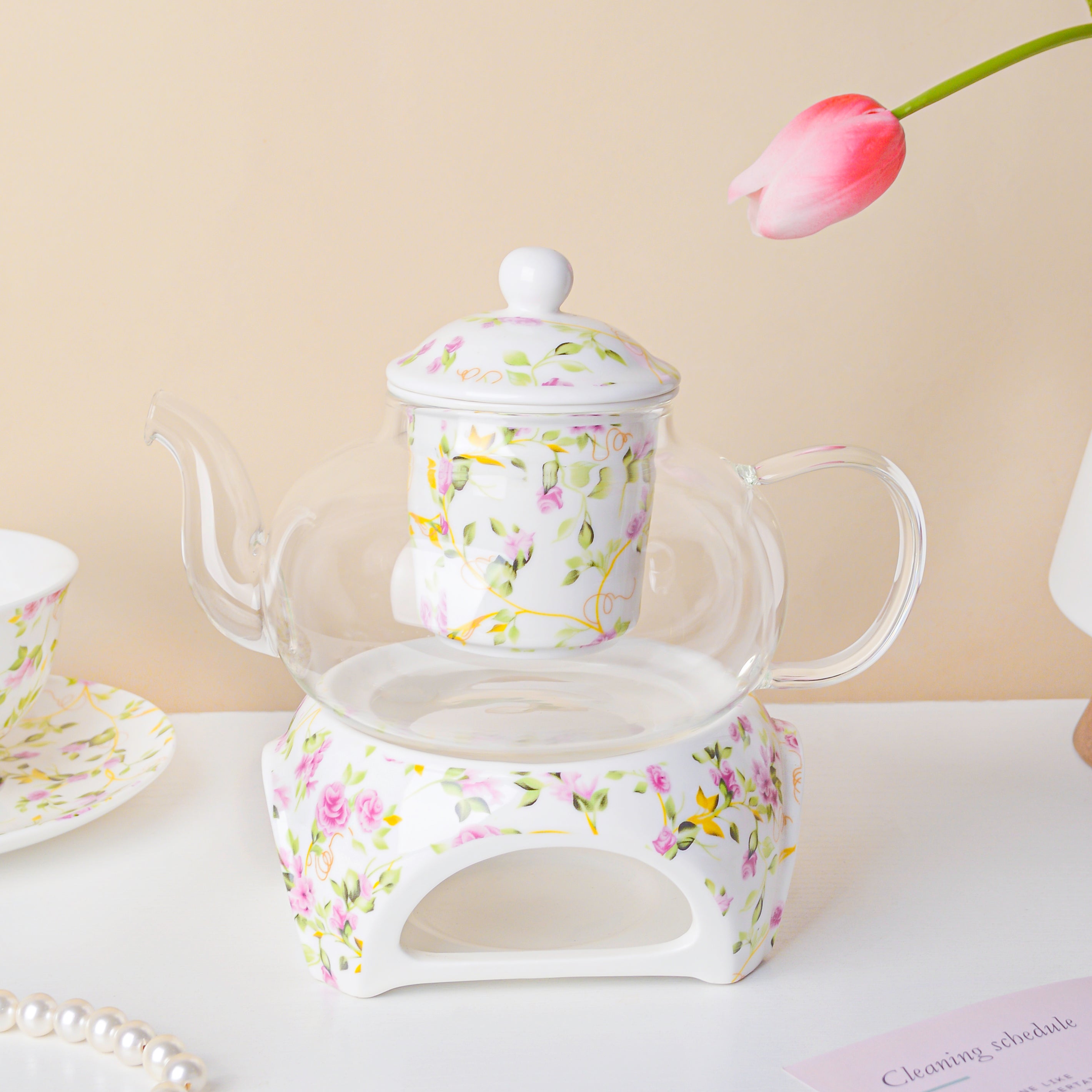 Daffodil Yellow And Pink Glass Teapot With Warmer Base 700 ml