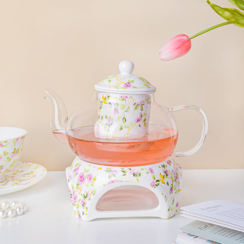 Daffodil Yellow And Pink Glass Teapot With Warmer Base 700 ml - Teapot, teapot with warmer | Teapot for Dining table & Home decor