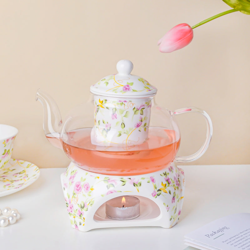 Daffodil Yellow And Pink Glass Teapot With Warmer Base 700 ml - Teapot, teapot with warmer | Teapot for Dining table & Home decor