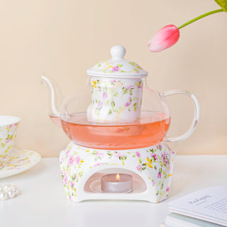 Daffodil Yellow And Pink Glass Teapot With Warmer Base 700 ml